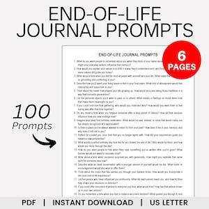 Könnte beinhalten: Ein digitaler Download mit dem Titel "End-of-Life Journal Prompts" mit 100 Fragen. Das Bild zeigt eine weiße Seite mit Fragen, einen roten Kreis mit "6 Pages" und den Text "PDF | INSTANT DOWNLOAD | US LETTER."