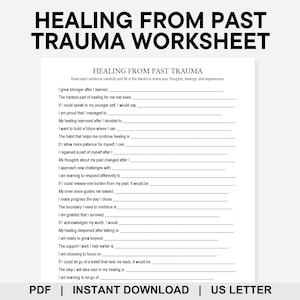 以下が含まれることがあります： 「HEALING FROM PAST TRAUMA WORKSHEET」というタイトルのワークシートで、癒しに関する穴埋め式のプロンプトが記載されています。ドキュメントには「PDF | INSTANT DOWNLOAD | US LETTER」というテキストが含まれています。ワークシートは、個人が癒しの旅を振り返るのに役立つように設計されています。