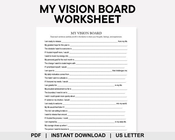 My Vision Board Worksheet, Goal Setting, Life Goals, Manifestation, Law of Attraction, Bucket List, Self Improvement, Personal Development