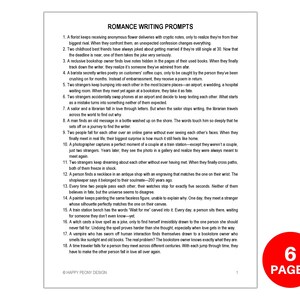 May include: A white page with black text listing 18 romance writing prompts. The page is numbered 1 and has a red circle with the text "6 PAGES" in the bottom right corner.