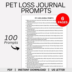 Pu&ograve; includere: Un diario PDF stampabile con 100 suggerimenti per aiutarti a elaborare il dolore per la perdita di un animale domestico. La copertina del diario &egrave; bianca con testo nero che dice "Pet Loss Journal Prompts" e "100 Prompts". Un rettangolo rosso con testo bianco dice "6 Pages".