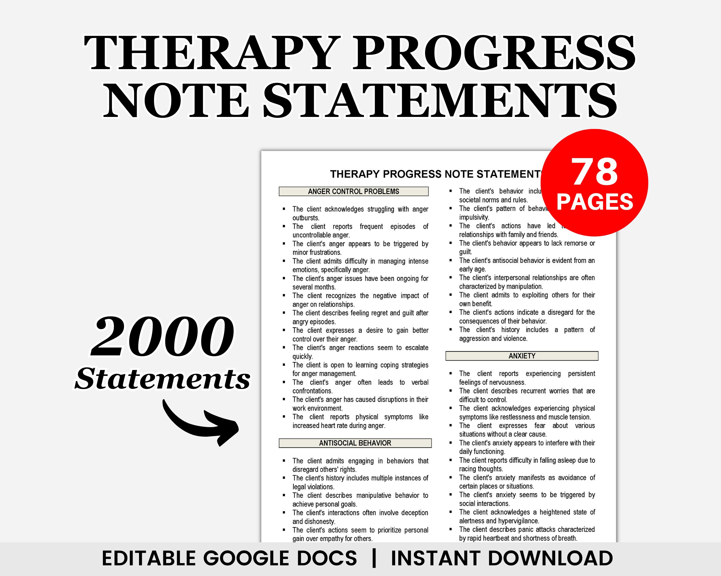 Editable Therapy Progress Note Statements, Progress Notes, Counselor ...
