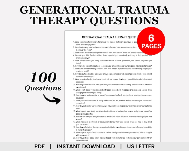 Pode incluir: Um documento PDF imprim&iacute;vel em preto e branco com o t&iacute;tulo "Quest&otilde;es de terapia sobre trauma geracional" e o texto "100 quest&otilde;es" em uma fonte grande. O documento cont&eacute;m 20 quest&otilde;es relacionadas &agrave; din&acirc;mica familiar e seu impacto na identidade pessoal.