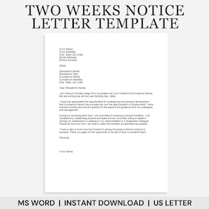 Two Weeks Notice Letter Template, 2 Weeks Notice Letter, Resignation Letter Template, Letter of Resignation, Notice Period Letter