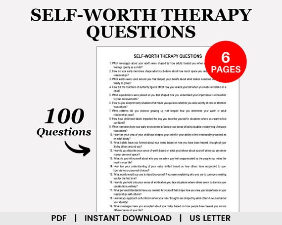 Self Worth Therapy Questions, Self Esteem, Self Compassion, Self Acceptance, Personal Development, Confidence, Resilience, Boundaries