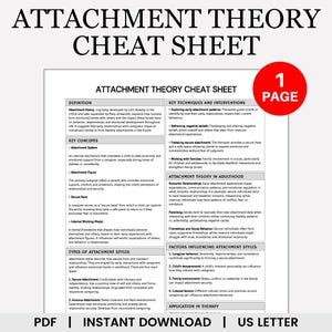 May include: A printable cheat sheet on attachment theory, a psychological concept that explains how early childhood relationships impact adult behavior. The sheet includes a definition, key concepts, techniques, and factors influencing attachment styles. It also covers the application of attachment theory in therapy.
