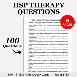 May include: A digital download titled "HSP Therapy Questions" with 100 questions. The image includes a list of questions, a red circle with "6 PAGES" and the text "PDF | INSTANT DOWNLOAD | US LETTER".