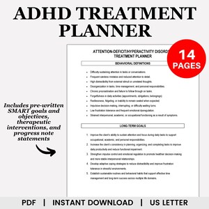 Puede incluir: Planificador de tratamiento del TDAH con 14 páginas, que incluye objetivos SMART preescritos, objetivos, intervenciones terapéuticas y declaraciones de progreso. Disponible en PDF, tamaño US Letter.