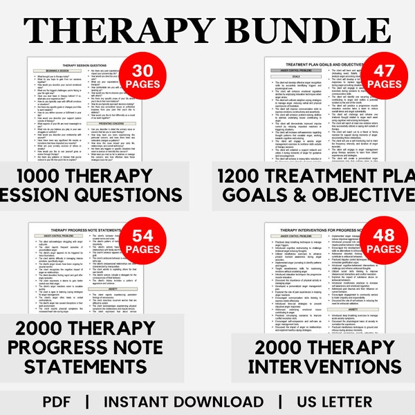Therapy Bundle, Therapy Session Questions, Therapy Goals and Objectives, Therapy Statements, Therapy Interventions, Progress Notes