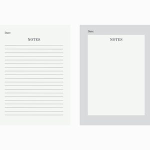 Peut inclure: Deux pages de notes lign&eacute;es vierges avec le mot "NOTES" en haut de chaque page. La page de gauche est blanche et la page de droite est gris clair.