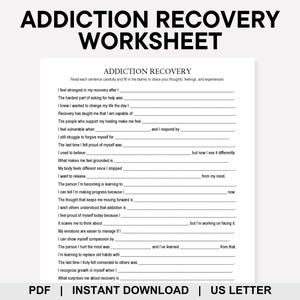 以下が含まれることがあります： 「ADDICTION RECOVERY WORKSHEET」というタイトルの、記入式のプロンプトが記載された印刷可能なワークシート。ドキュメントはUSレターサイズで、PDF形式で即時ダウンロードできます。ワークシートは、個人の回復への道のりを振り返るのに役立つように設計されています。