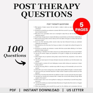 Op de afbeelding: Een afdrukbaar PDF-werkblad met 100 post-therapievragen om een therapiesessie te verwerken en te reflecteren. Het werkblad heeft de titel "Post Therapy Questions" en heeft een rode box met de tekst "5 Pages" in de rechterbovenhoek.
