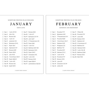 May include: A printable scripture writing plan for kids, divided into two sections: January, God's Love and February, Kindness and Friendship. Each month features a list of daily scripture verses to write.