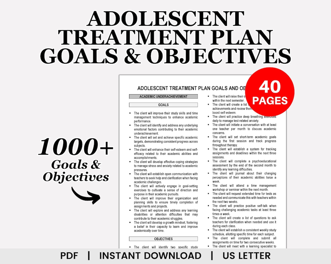 Adolescent Treatment Plan Goals and Objectives, Therapy Goals and ...