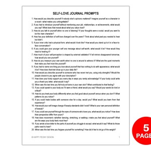 May include: A printable worksheet with 20 self-love journal prompts. The worksheet is black and white with a red circle at the bottom that says "5 Pages".
