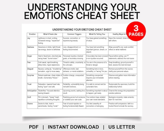 Understanding Your Emotions Cheat Sheet, Emotional Intelligence, Emotions Wheel, Feelings Chart, Emotion Focused Therapy, Self Awareness