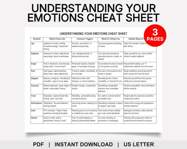 May include: A white sheet with the title "Understanding Your Emotions Cheat Sheet" in black text. The sheet is divided into columns detailing emotions, physical sensations, triggers, and healthy responses. A red circle with "3 PAGES" is in the upper right corner.