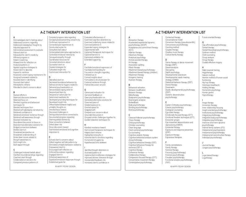 Therapy Intervention List, Therapeutic Interventions, Clinical Terms ...