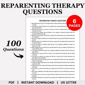 May include: A digital download titled "Reparenting Therapy Questions" with 100 questions. The document is available in PDF format and US Letter size. A red circle indicates 6 pages. The title is in bold, black font.