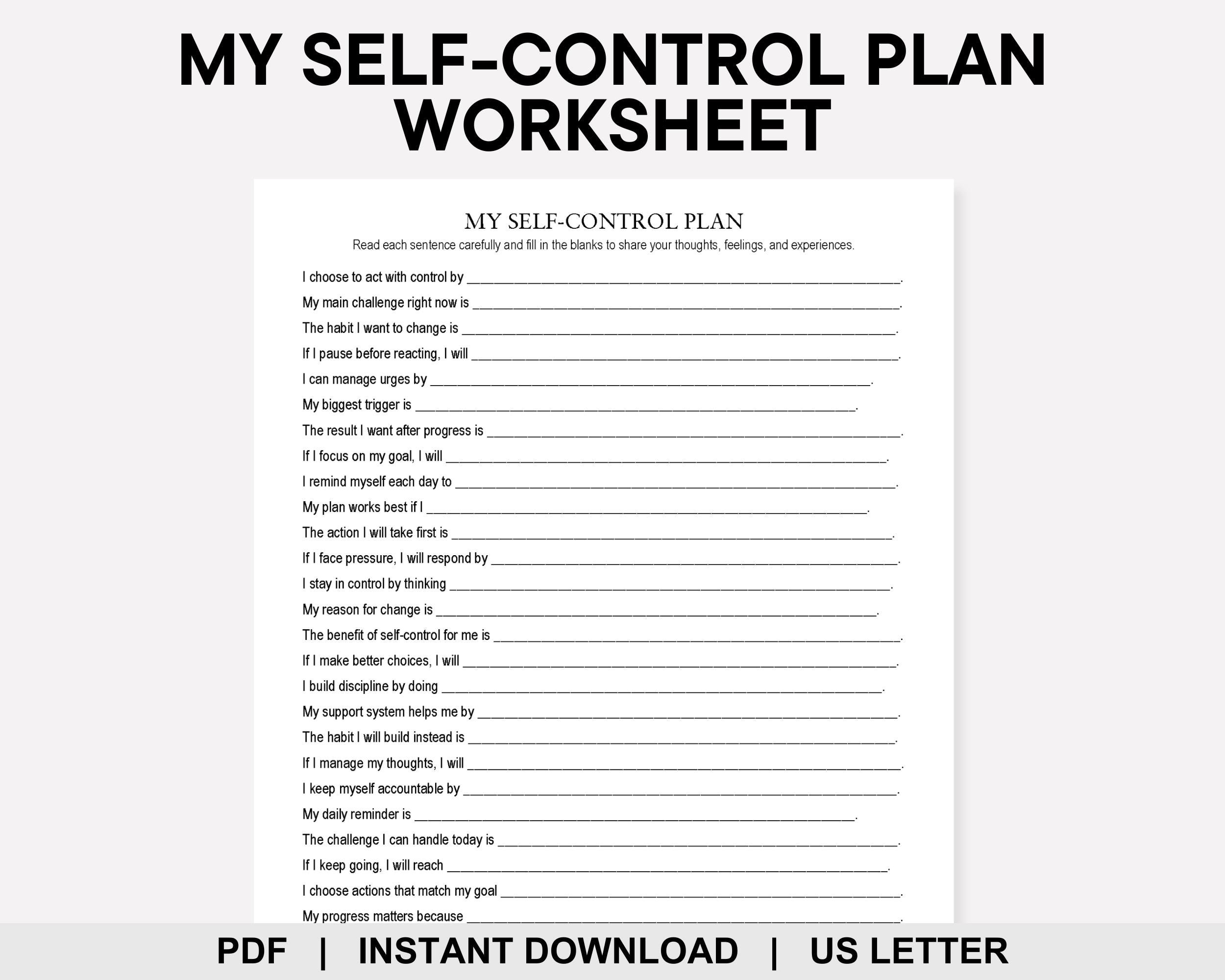 My Self Control Plan Worksheet, Impulse Control, Urge Surfing ...