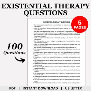Puede incluir: Un documento PDF imprimible en blanco y negro con el título "Preguntas de terapia existencial" y el texto "100 preguntas". El documento contiene una lista de 21 preguntas relacionadas con la terapia existencial.