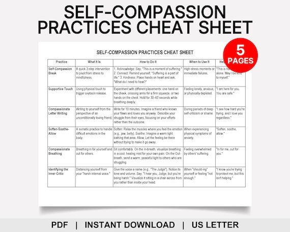 Self Compassion Practices Cheat Sheet, Inner Critic, Positive Self Talk, Self Kindness, Self Love, Mindfulness, Compassion Focused Therapy