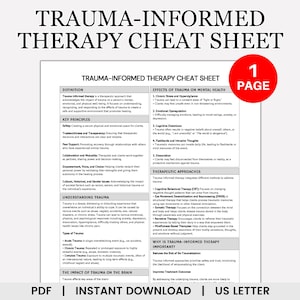 Trauma Informed Therapy Cheat Sheet, Trauma Therapy, Trauma Counseling, Trauma Therapist, PTSD Therapy, Reference Guide, Counseling Tools