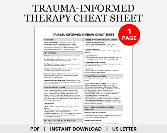 Trauma Informed Therapy Cheat Sheet, Trauma Therapy, Trauma Counseling, Trauma Therapist, PTSD Therapy, Reference Guide, Counseling Tools