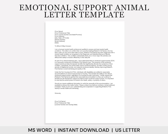 Emotional Support Animal Letter Template, ESA Letter Template, ESA