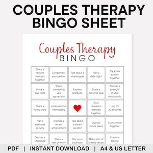 Bingo voor relatietherapie, Bingo voor stellen, Bingo Geestelijke Gezondheid, Afdrukbare bingo, Afspraakje, Avondspel, Huwelijkstherapie, Spellen voor Stellen, Therapiehulpmiddelen