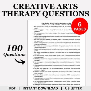 Może przedstawiać: Drukowany dokument PDF ze 100 pytaniami do terapii kreatywnej. Dokument nosi tytuł "Creative Arts Therapy Questions" i ma niebieskie tło z białym tekstem. Dokument składa się z 6 stron i jest dostępny do natychmiastowego pobrania.