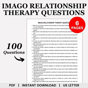 May include: A printable PDF document titled "IMAGO RELATIONSHIP THERAPY QUESTIONS" with 100 questions. The document is on US Letter size paper and is available for instant download. A red circle indicates "6 PAGES".
