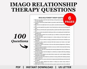 May include: A printable PDF document titled "IMAGO RELATIONSHIP THERAPY QUESTIONS" with 100 questions. The document is on US Letter size paper and is available for instant download. A red circle indicates "6 PAGES".