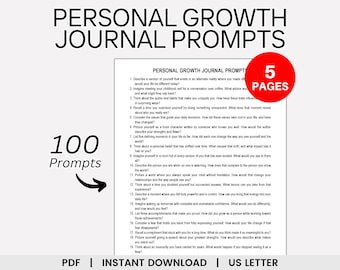 Könnte beinhalten: Ein druckbares PDF-Dokument mit 100 Journal-Anregungen für persönliches Wachstum. Das Dokument trägt den Titel "Personal Growth Journal Prompts" und hat einen weißen Hintergrund mit schwarzem Text. Das Dokument umfasst 5 Seiten.