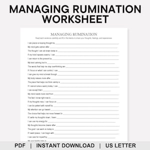 May include: A white Managing Rumination worksheet printed with black text. The document features a title, instructions, and a series of twenty-two fill-in-the-blank prompts designed to help identify thoughts, feelings, and experiences on a US Letter page.