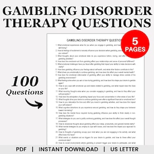 Könnte beinhalten: Ein schwarzweißes druckbares PDF-Dokument mit dem Titel "Fragen zur Therapie bei Spielsucht" und dem Text "100 Fragen" in großer Schrift. Das Dokument umfasst 5 Seiten und enthält eine Liste von Fragen im Zusammenhang mit Spielsucht.