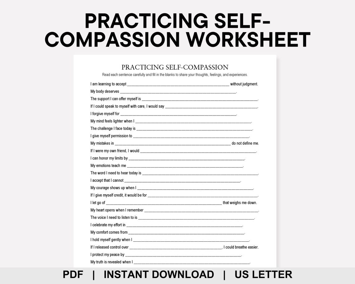 Practicing Self Compassion Worksheet, Self Kindness, Self Acceptance ...