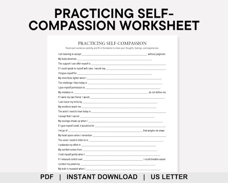 Practicing Self Compassion Worksheet, Self Kindness, Self Acceptance ...