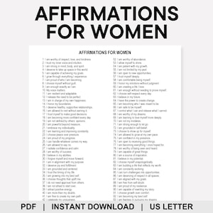 May include: A digital print titled "Affirmations for Women" with a list of positive affirmations. The text is in black on a white background. The document is available as a PDF and instant download, US Letter size.