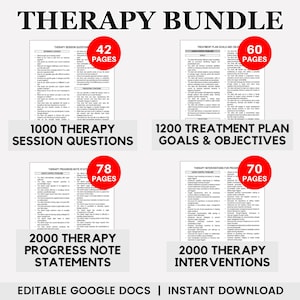 Editable Therapy Bundle, Therapy Session Questions, Therapy Goals and Objectives, Progress Notes, Therapy Interventions, Treatment Planner