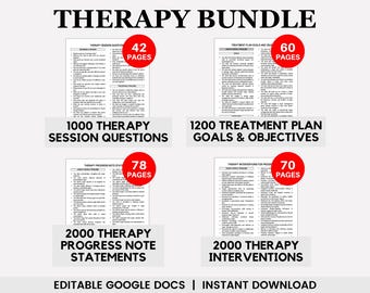 Pacote de terapia editável, incluindo perguntas terapêuticas, metas e objetivos da terapia, anotações de progresso, intervenções terapêuticas e planejamento de tratamento.