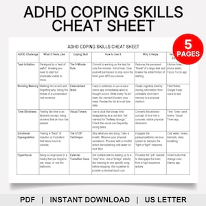 Op de afbeelding: ADHD coping skills cheat sheet met een rode cirkel met de tekst "5 pagina's". De tabel geeft ADHD-uitdagingen, gevoelens, copingvaardigheden, hoe ze te gebruiken en waarom ze helpen. De tekst bevat "PDF | DIRECT DOWNLOADEN | US LETTER."