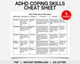 ADHD Coping Skills Cheat Sheet, ADHD Tools, ADHD Management, Executive Functioning, Emotional Regulation, Growth Mindset, Autism, Self Care