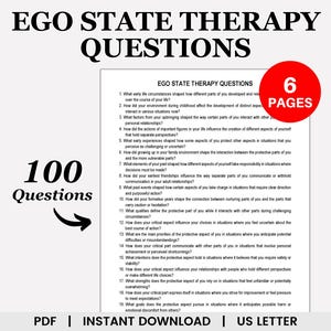 May include: A digital download titled "Ego State Therapy Questions" with 100 questions across 6 pages. The document is available in PDF format and is designed for US Letter size paper. The title is in bold, black font.