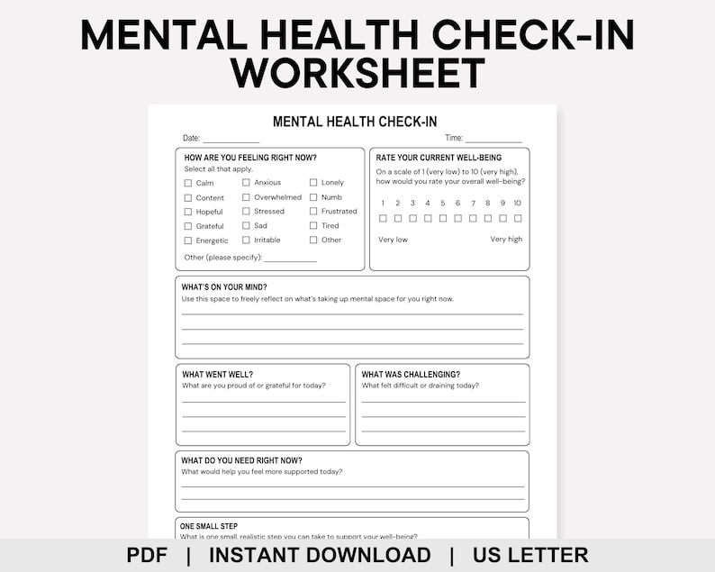 Mental Health Check in Worksheet, Daily Mood Tracker, Anxiety Relief ...