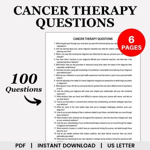 Könnte beinhalten: Ein druckbares PDF-Dokument mit dem Titel "Cancer Therapy Questions" und dem Untertitel "100 Fragen". Das Dokument ist in sechs Seiten unterteilt und enthält eine Liste von Fragen zur Krebstherapie.
