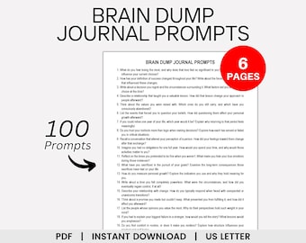 Könnte beinhalten: Digitaler Download eines Journal-Prompt-Blattes mit dem Titel "Brain Dump Journal Prompts". Das Blatt enthält 100 Prompts und ist im PDF-Format zum sofortigen Download verfügbar. Das Dokument ist mit "US Letter" gekennzeichnet.