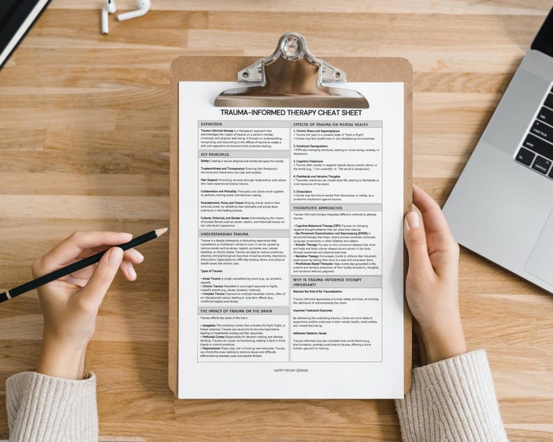 K&ouml;nnte beinhalten: Eine Person h&auml;lt einen Klemmbrett mit einem gedruckten "TRAUMA-INFORMED THERAPY CHEAT SHEET". Ein Bleistift liegt auf dem Papier. Ein Laptop und Kopfh&ouml;rer sind im Hintergrund. Das Dokument listet Schl&uuml;sselprinzipien und Auswirkungen von Traumata auf.