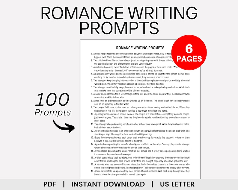 May include: A printable PDF document with 100 romance writing prompts. The document is titled "Romance Writing Prompts" and has a blue background with white text. The document is divided into six pages and includes a variety of prompts for writers to use.