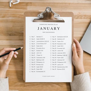 Pu&ograve; includere: Una clipboard con un piano di scrittura delle Scritture per gennaio. Il piano elenca un versetto biblico diverso per ogni giorno del mese. Il piano &egrave; intitolato "Nuovi Inizi".